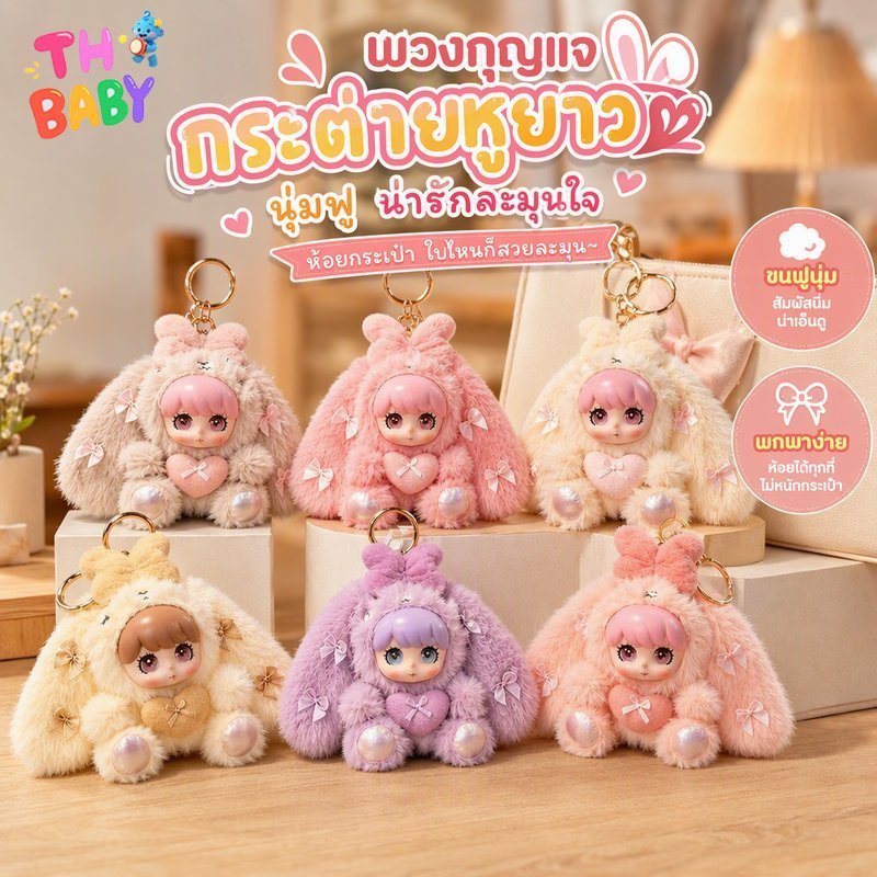 พวงกุญแจกระต่าย ตุ๊กตาห้อยกระเป๋า ขนนุ่มฟู สีพาสเทล หูยาวน่ารัก น้ำหนักเบา ใช้ห้อยกระเป๋า/กุญแจ