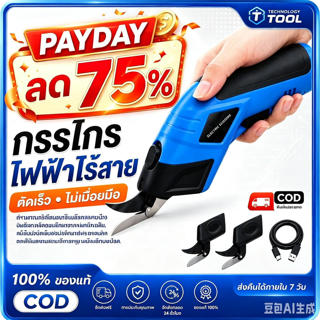 COD กรรไกรไฟฟ้าแบตเตอรี่ 2000mAh กรรไกรไร้สาย หัวมีดทังสเตน เครื่องตัดแบตเตอรี่ไร้สาย เครื่องตัดผ้าพกพา