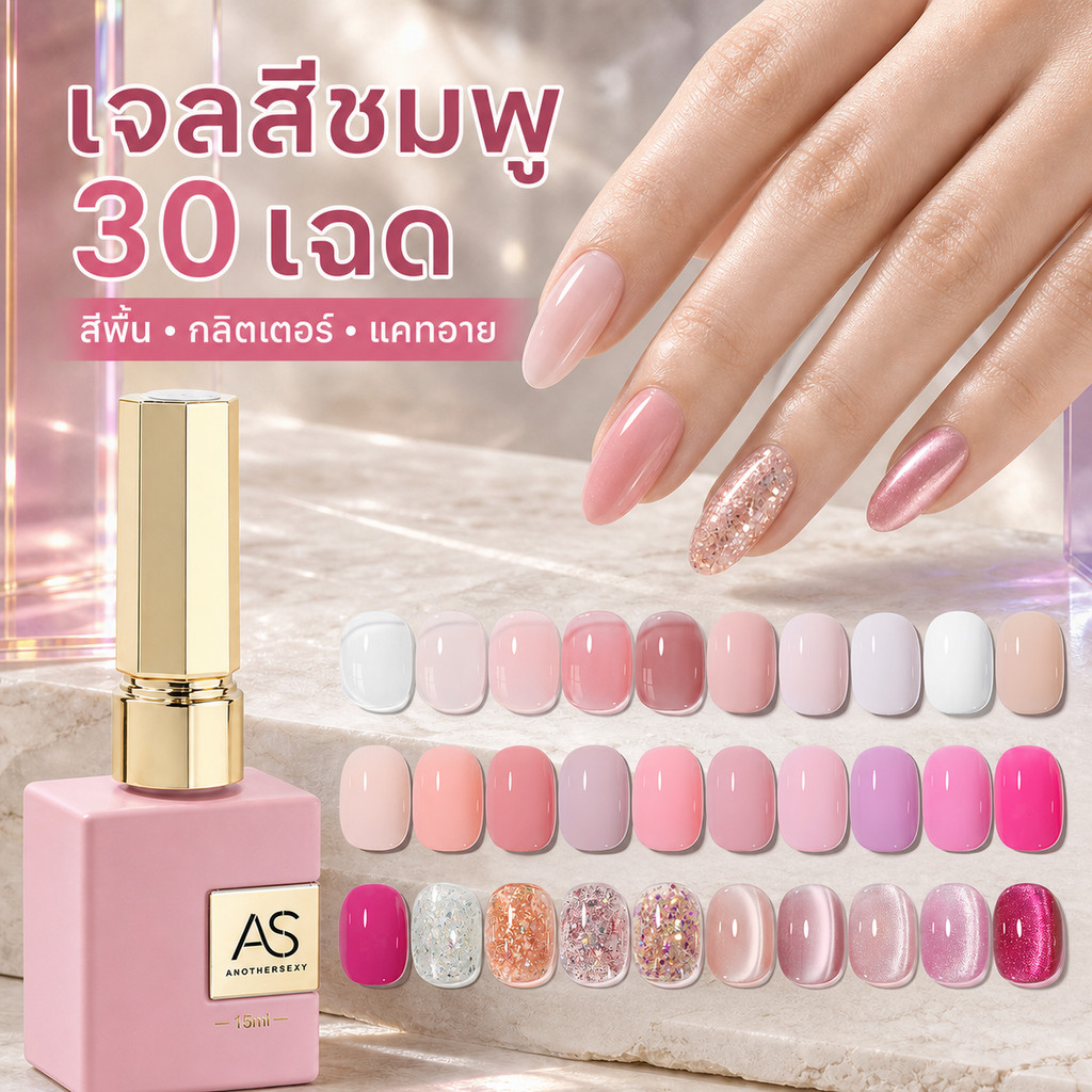 สีเจลทาเล็บ โทนชมพู Peach Blossom Pink AS 15 มล. เลือกสี 30 สีพื้น กลิตเตอร์ และแคทอาย