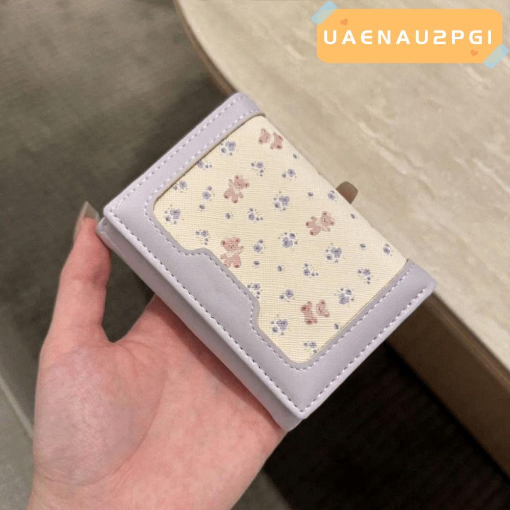 UAENAU2PG1 Card Holder Wallet, PU Floral Bear Print Bifold Wallet, Compact Folding Structure Stitchi