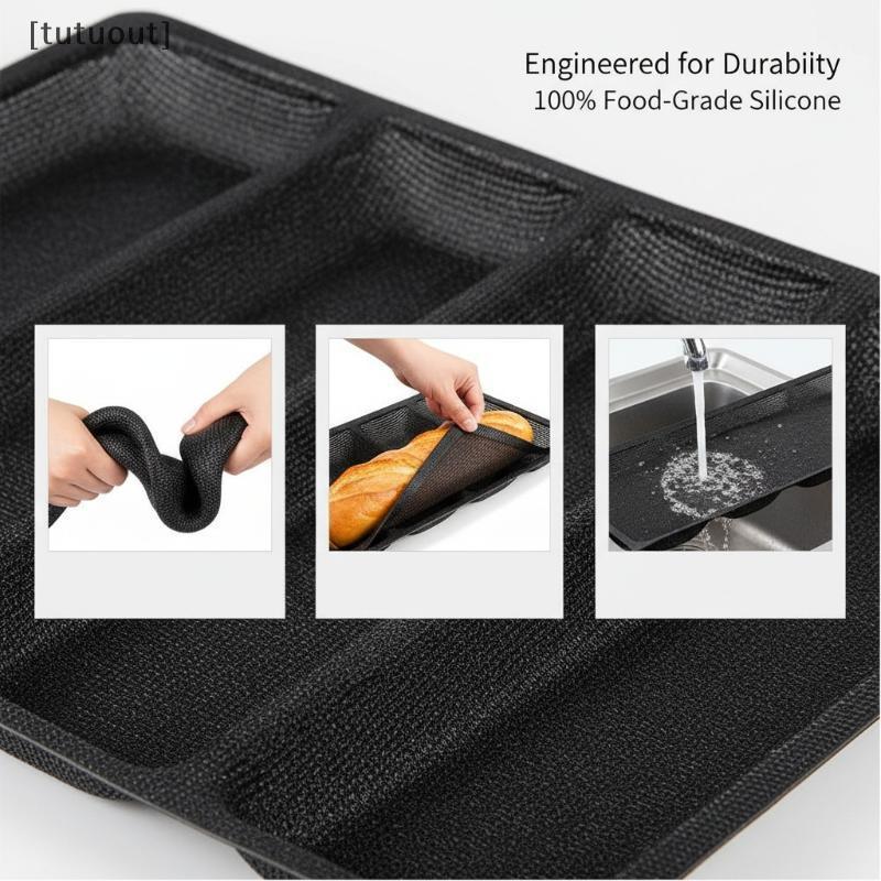 [tuout] 5 Cavity French Bread Baking Tray Nonsti Baguette Mold Soft Folding Design Easy Storage Home