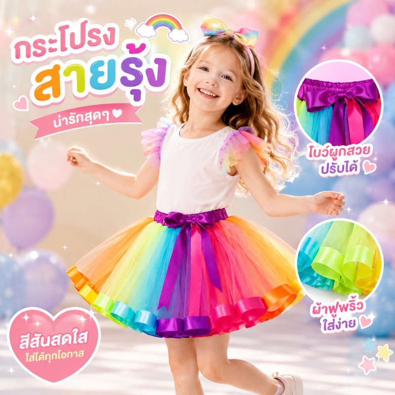 กระโปรงทูทู สีรุ้ง กระโปรงเด็ก เอวยางยืด จีบฟู แฟนซี งานแสดง วันเด็ก LGBT เด็ก ผู้ใหญ่