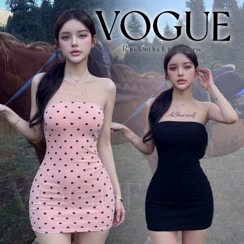 Vogue🌟พร้อมส่ง🌟 ชุดมินิเดรสแขนกุด สไตล์สตรีทสำหรับสาวเซ็กซี่ ลายตัวอักษรทรงเข้ารูป มีฟองน้ำในตัว (FY3088)