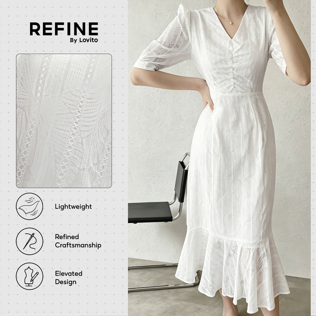 (New Arrival) (Refine by Lovito) เดรสทำงาน ผ้าฝ้ายปักลาย นุ่มสบาย ลายจาการ์ด ดีไซน์โดดเด่น ละเอียดสวย เดรสสีครีม ผู้หญิง ฤดูใบไม้ผลิ-ฤดูร้อน DRR42P1D013