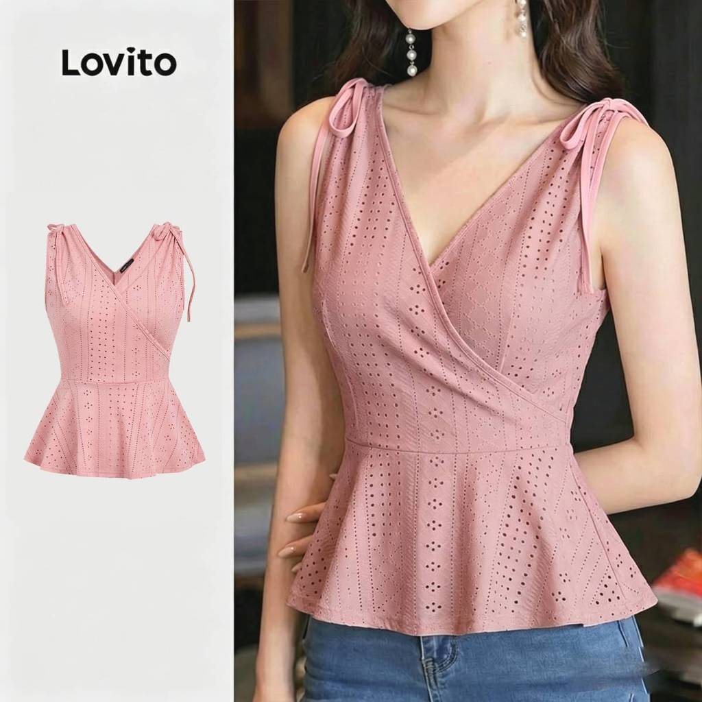 (New Arrival) Lovito เสื้อท็อปผู้หญิง สีชมพู สไตล์ลําลอง ผูกเชือกจีบ เหมาะสําหรับฤดูใบไม้ผลิ/ฤดูร้อน TKB198P1D368