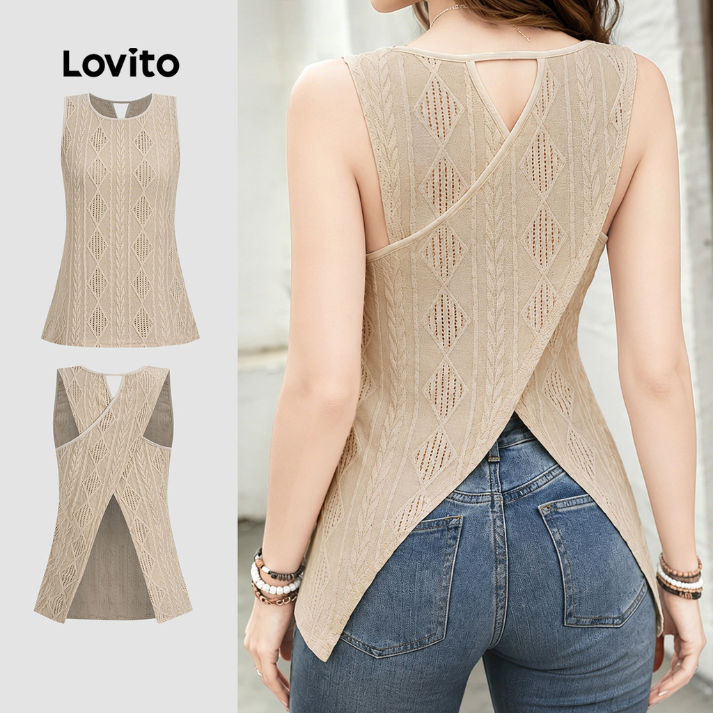 (New Arrival) Lovito เสื้อท็อปผู้หญิงสไตล์เรียบหรู คอผ่าปลายแยก โทนแอปริคอต สําหรับฤดูใบไม้ผลิและฤดูร้อน TKB199P2D292