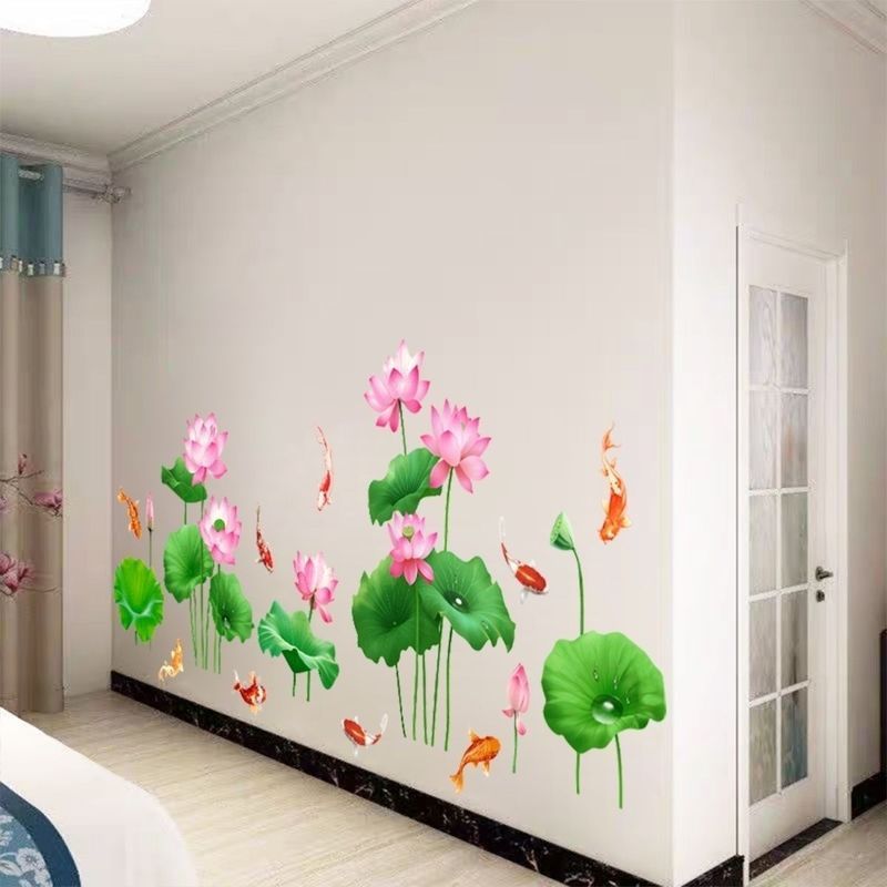 荷花墙贴纸中国风客厅餐厅背景墙面贴画卧室墙壁装饰画壁纸自粘9/9 Lotus wall stickers Chinese style living room dining room backgroun