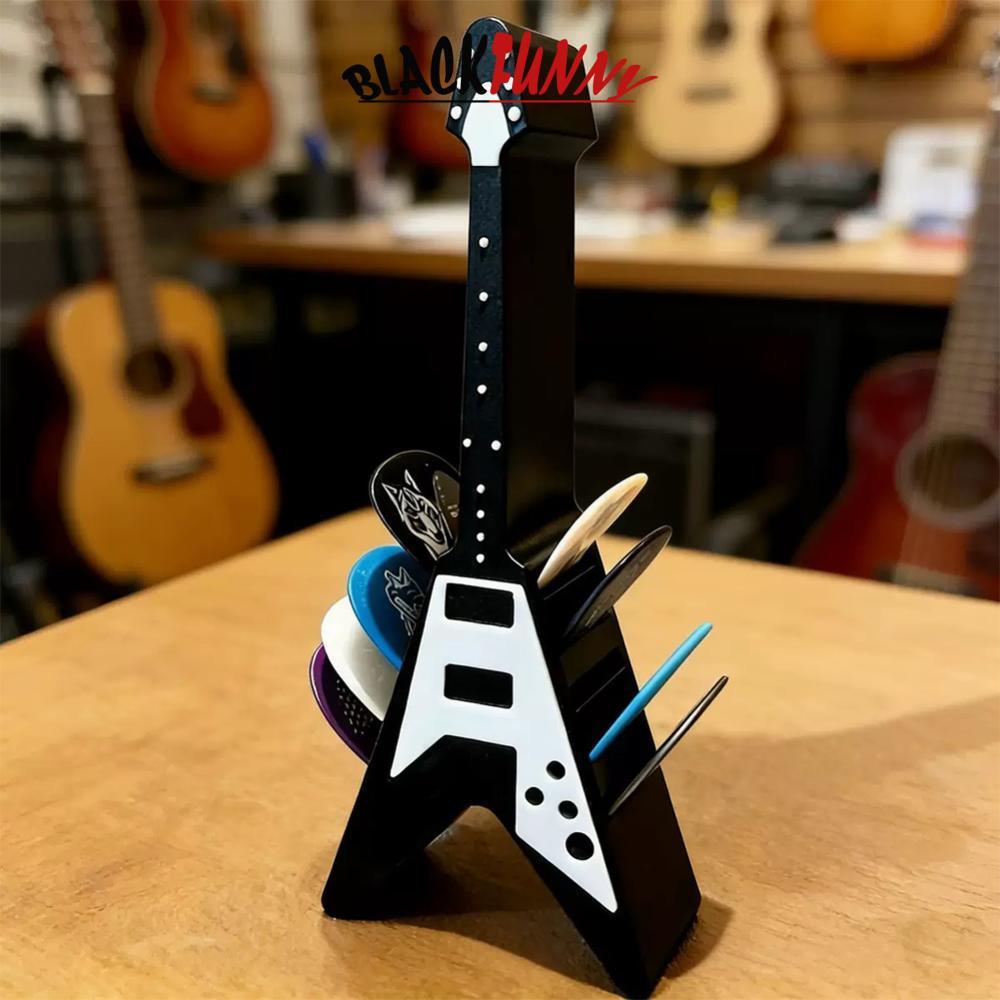 BLACKFUNNY 3D พิมพ์กีตาร์เครื่องขยายเสียง Shape Pick Organizer V-Shaped ผู้ถือแบบพกพากันฝุ่น Rock Ca