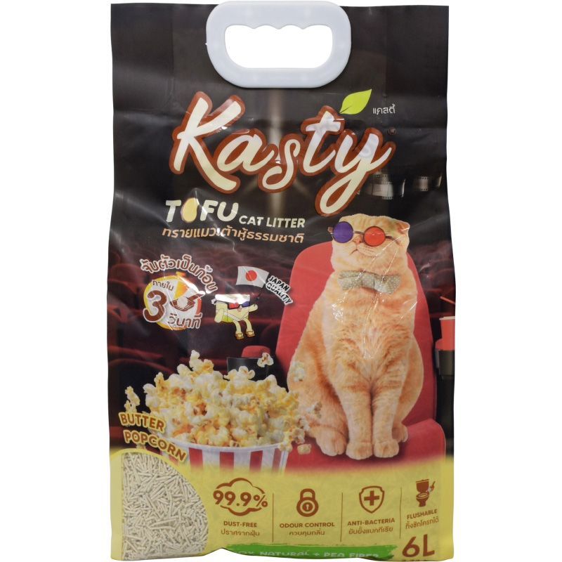 แคสตี้ทรายแมวเต้าหู้ธรรมชาติสูตรป๊อปคอร์นอบเนย 6ลิตร Kasty Tofu Cat Litter Butter Popcorn 6ltr.