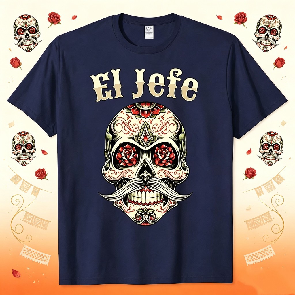 เสื้อยืดลายหัวกะโหลกน้ำตาลมีหนวดดอกกุหลาบ ข้อความ EL JEFE สไตล์เม็กซิกัน เสื้อแฟชั่นผู้ชาย