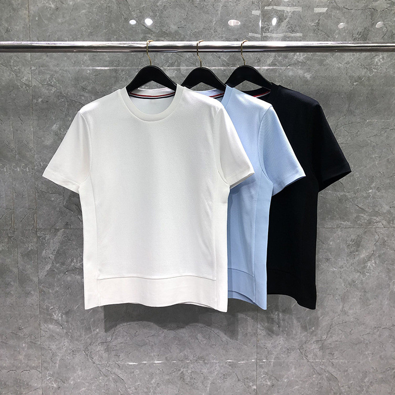 5LEQ thombrowne แขนสั้นผู้ชายฤดูร้อน Simple All-Match ลูกปัดผ้าฝ้ายสีทึบเย็บรอบคอ T-