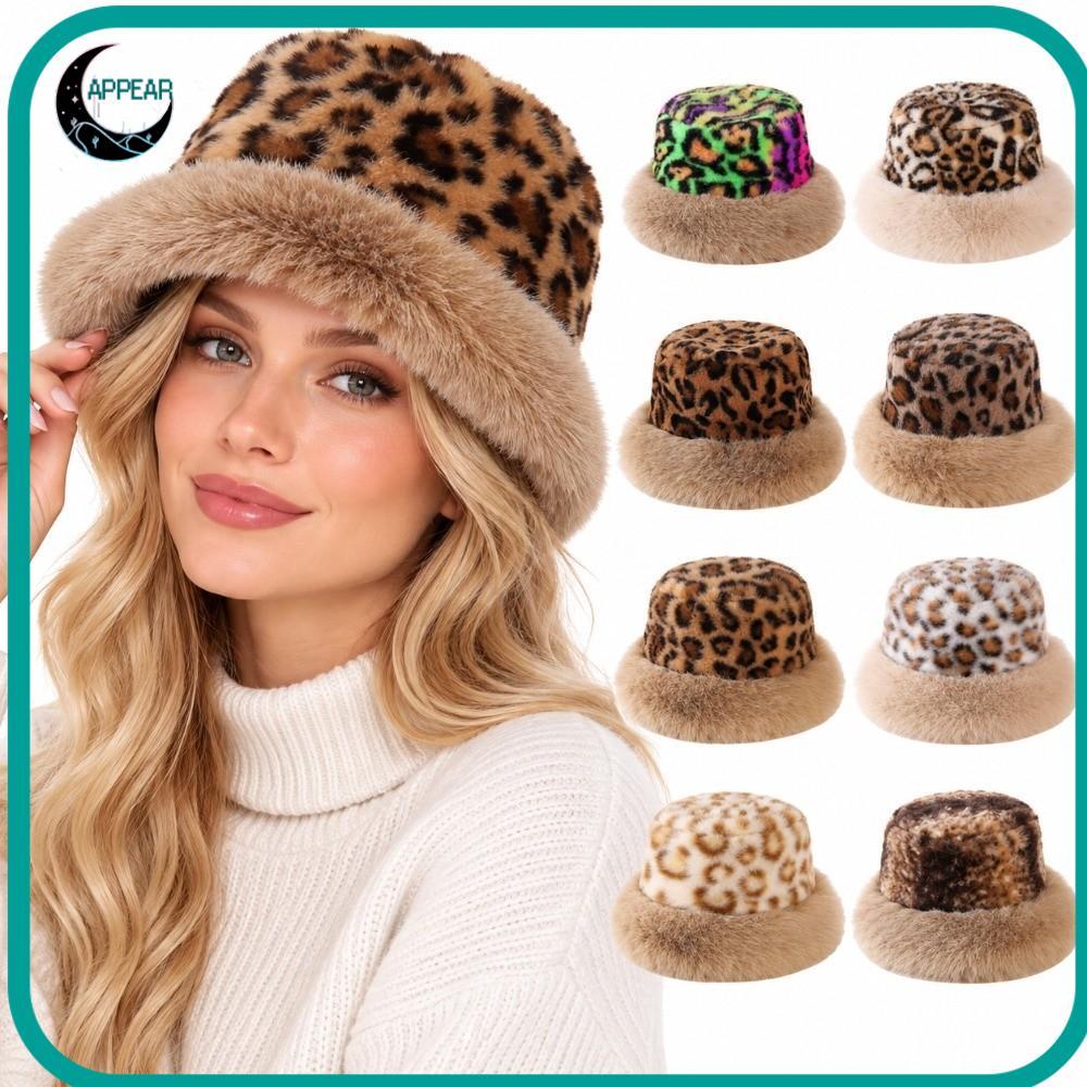 APPEAR Fur Bucket Hat, Plush Soft Fuzzy Winter Hat, Cold Windproof Leopard Print Wide Brim Fisherman