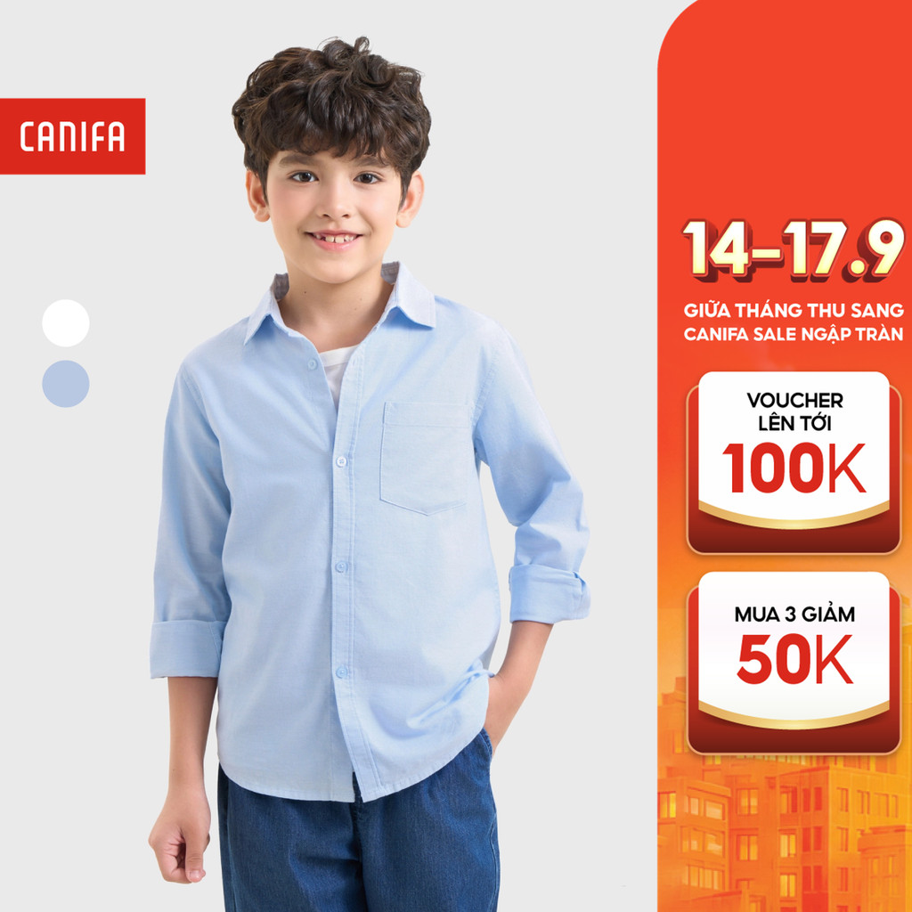 CANIFA เสื้อเชิ้ตเด็กชายแขนยาวและคอปกพื้นฐานพร้อมกระเป๋ากล่อง 2TH26A003