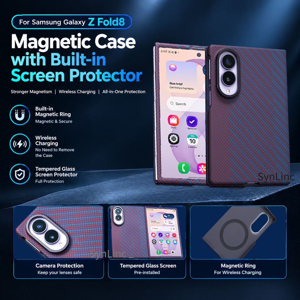 Kevlar คาร์บอนไฟเบอร์แม่เหล็กสําหรับ Samsung Galaxy Z FOLD8 Ultra Fold8 Fold7 Ultra-Thin Skin Feel Cover พร้อมฟิล์มแก้วด้านหน้าใช้งานร่วมกับไร้สายชาร์จ