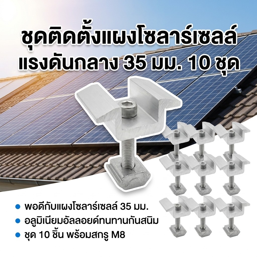10 ชุด อลูมิเนียม End Clamp Mid Clamp 35mm แคลมป์กลางยึดแผงโซล่าเซลล์ พร้อมน็อต M8 สำหรับติดตั้งแผงโซล่าเซลล์