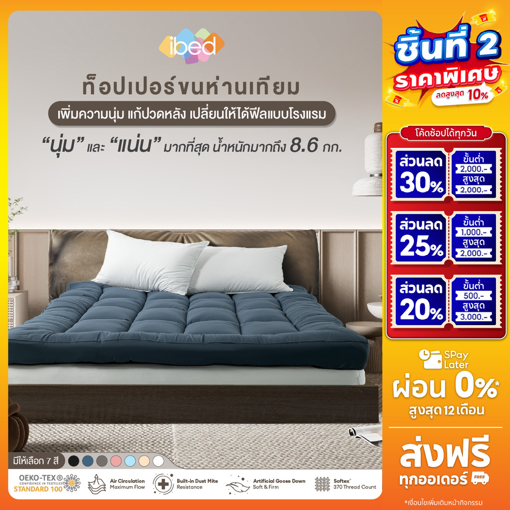 ibed Topper ท็อปเปอร์รุ่นนุ่มแน่นและรุ่น Extra ขนห่านเทียม กันไรฝุ่น (สีDenim+Onyx+Drizzle)