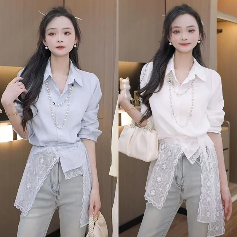 เสื้อเชิ้ตผู้หญิงแขนยาว แต่งลูกไม้คลุมไหล่ สามารถใช้เป็นผ้าคลุมก้นได้ ดีไซน์ฝรั่งเศส เสื้อเอวลอยบาง มี 3 สีให้เลือก#W588