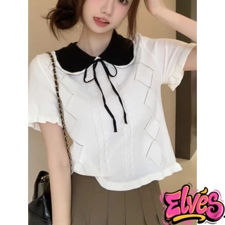 Elves✨พร้อมส่ง✨ เสื้อยืดไหมพรม คอปก แขนสั้น ผ้าบางเบา สไตล์เกาหลี ดีเทลลายผ้าผูกโบว์ น่ารักและใส่สบาย 'MT717-1'