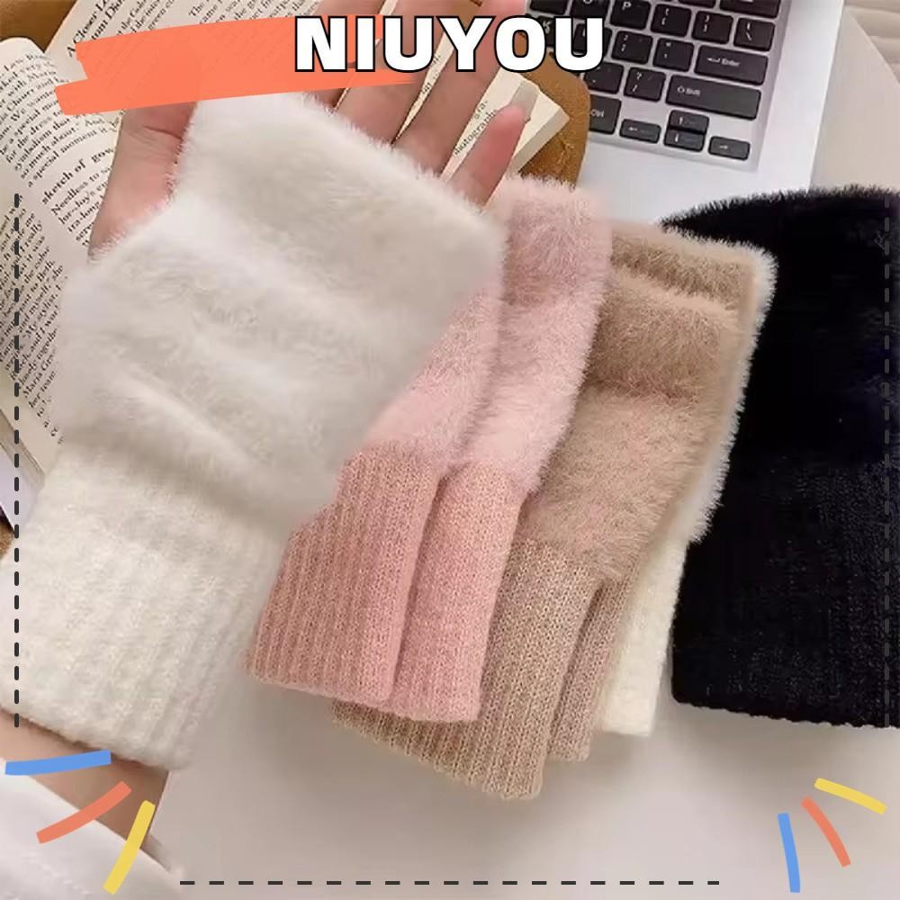 ถุงมือกันหนาว ขนปุยครึ่งนิ้ว สำหรับผู้หญิง กํามะหยี่ขนนิ่ม ถัก fingerless ถุงมือข้อมือ