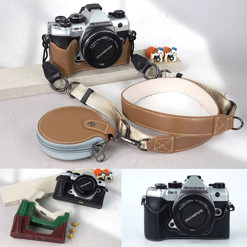OM5II กระเป๋ากล้องหนัง PU กล้องสําหรับ Olympus OM-5 Mark II OM5 II Half Body Case สายคล้องไหล่เปิดแบ