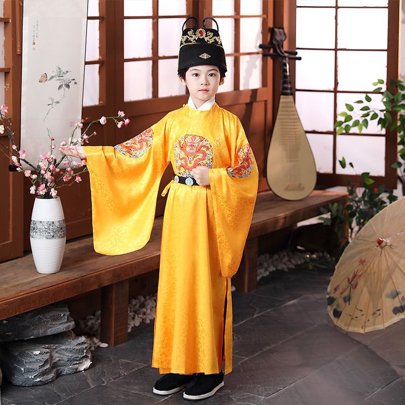 เด็กชาย Hanfu Qing Dynasty Manchu เสื้อคลุมมังกรของจักรพรรดิ Ming D Kid 男童 清 Jung 小皇龙明制儿童古装 小 男古 代太阳