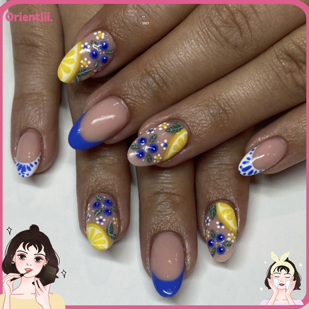 ORIENTTK เล็บปลอม, เล็บปลอมอัลมอนด์ยาวที่ถอดออกได้, แต่งเล็บ French Aurora Nail Tips ผู้หญิง