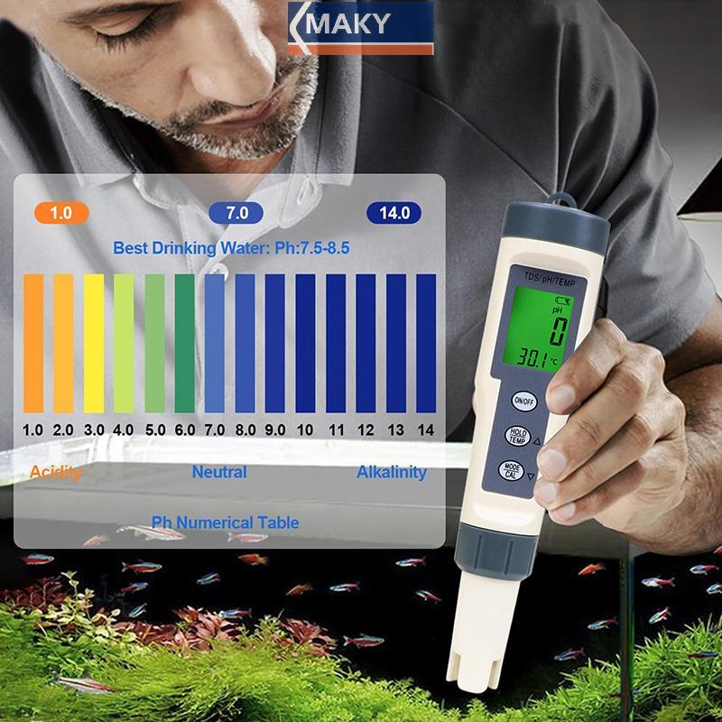 MAKY PH Meter, TDS/pH/อุณหภูมิ 3-in-1 PH Meter สําหรับน้ํา, 0-14 PH ช่วงการวัด Digital PH Meter TH