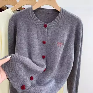 Red Berryเสื้อแจ็คเก็ตคาร์ดิแกนถักแขนยาวผูกโบว์สำหรับผู้หญิง ฤดูใบไม้ผลิและฤดูใบไม้ร่วง 88024