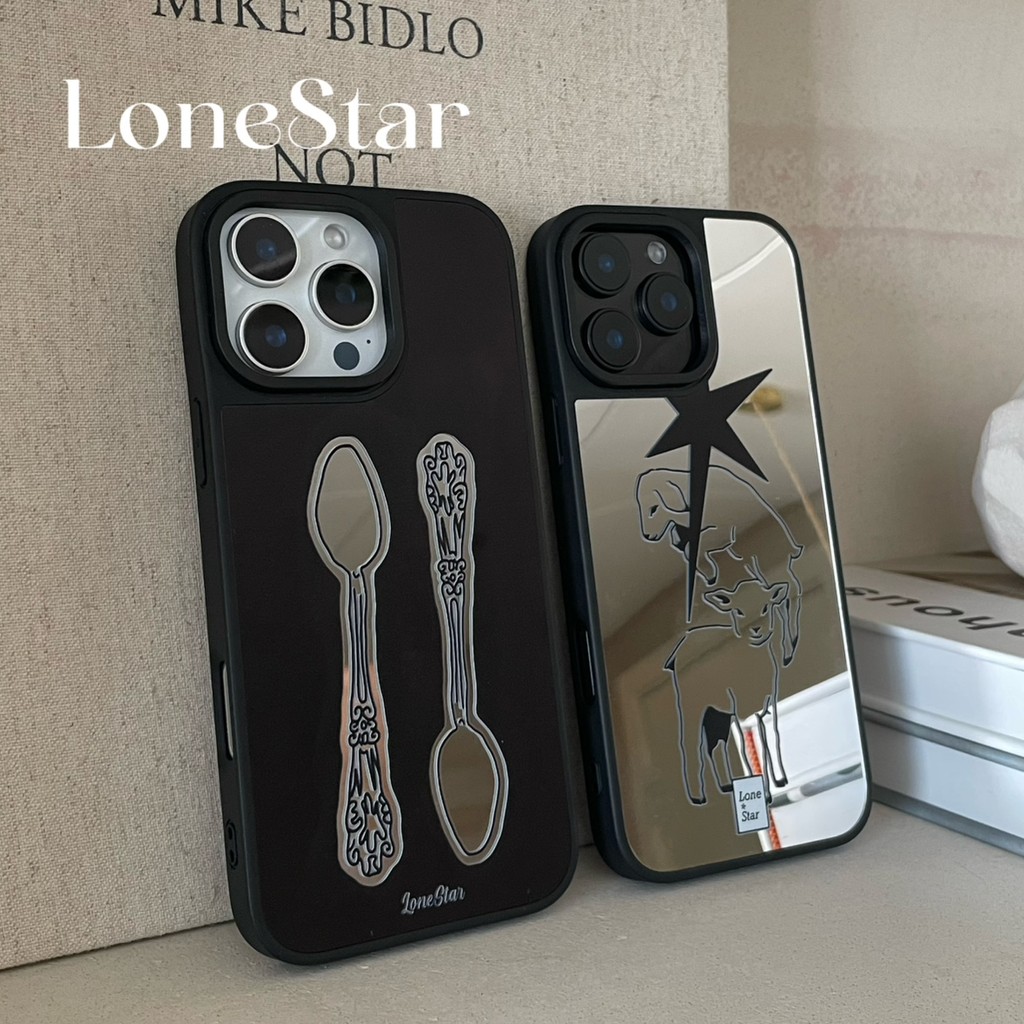 สไตล์เกาหลี ins Niche Design แนวโน้มแฟชั่นช้อนส้อม Lamb All-Match พิมพ์กระจกสีดําขอบเหมาะสําหรับ iphone17air/17promax เคสป้องกัน Apple 16 เคสโทรศัพท์ 16promax เคสป้องกัน 15 กันกระแทก 13/14 กรณี