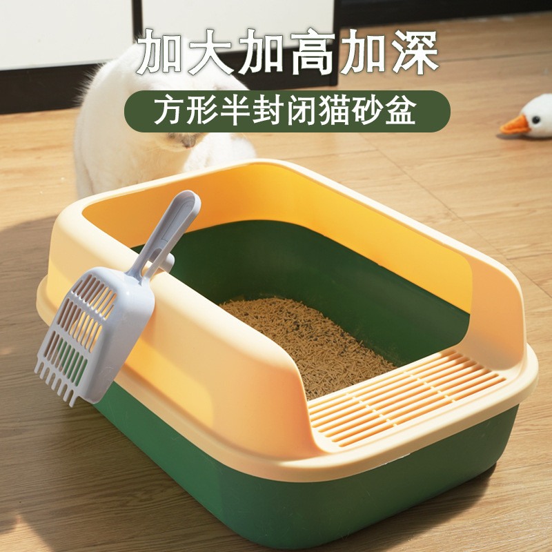 Semi-Enclosed กล่องครอกแมวห้องน้ําแมวขนาดใหญ่ Splash-Proof หนาอุปกรณ์สัตว์เลี้ยงกล่องครอกแมวระงับกลิ