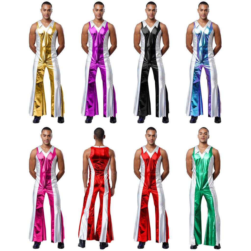 Rrann Mens 70s 80s Disco Prom Jumpsuit ชุดปก V คอแขนกุดโลหะเงา Contrast สี Flared กางเกงขายาว Romper