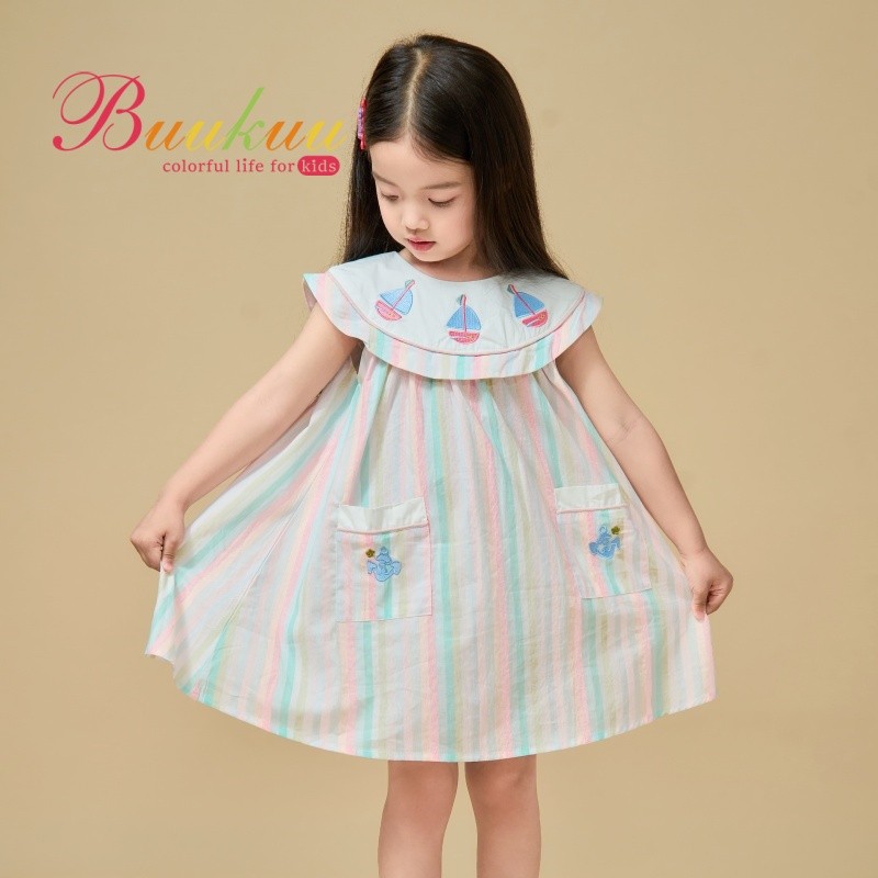 ⛵️ มีสินค้าพร้อมส่ง! ชุดเดรสเด็กสไตล์เกาหลี เดรชลายปักเรือใบ + ลายทางพาทเทล K4124898
