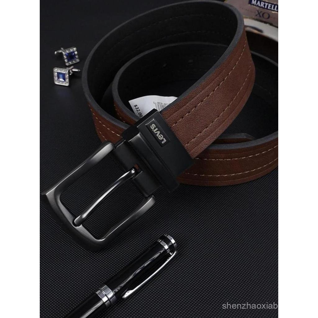 American levis levis เข็มขัดผู้ชายหนังแท้ Retro Double-Sided Pin Buckle คนหนุ่มสาวอินเทรนด์ผู้ชายเข็