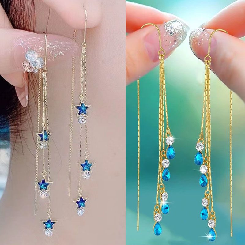Blue Star Crystal Anti-Lost Ear Line Dangling Super Fairy ต่างหูหญิงใหม่ Blue Star คริสตัล Anti-Lost