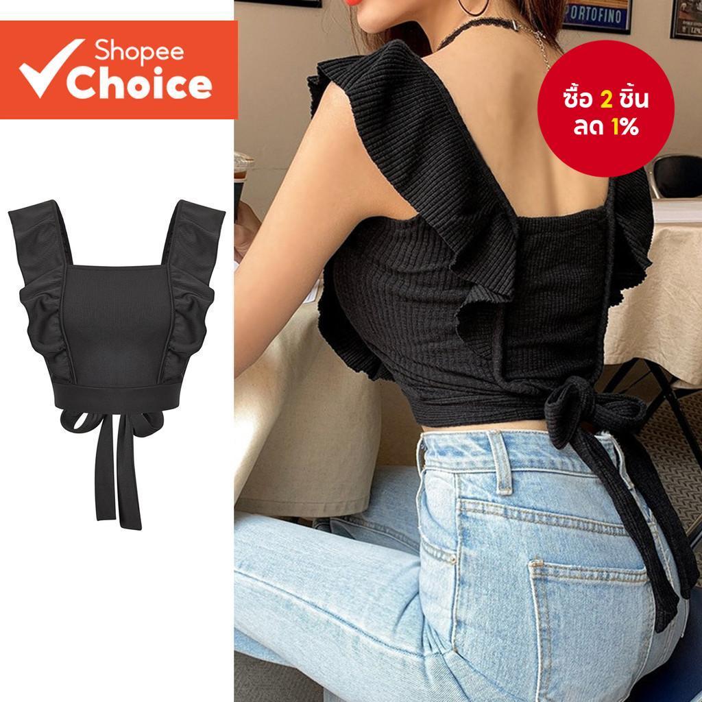 ผู้หญิง Casual Tank Top Plain Lettuce Trim Bow Back Tank Top L74ED261