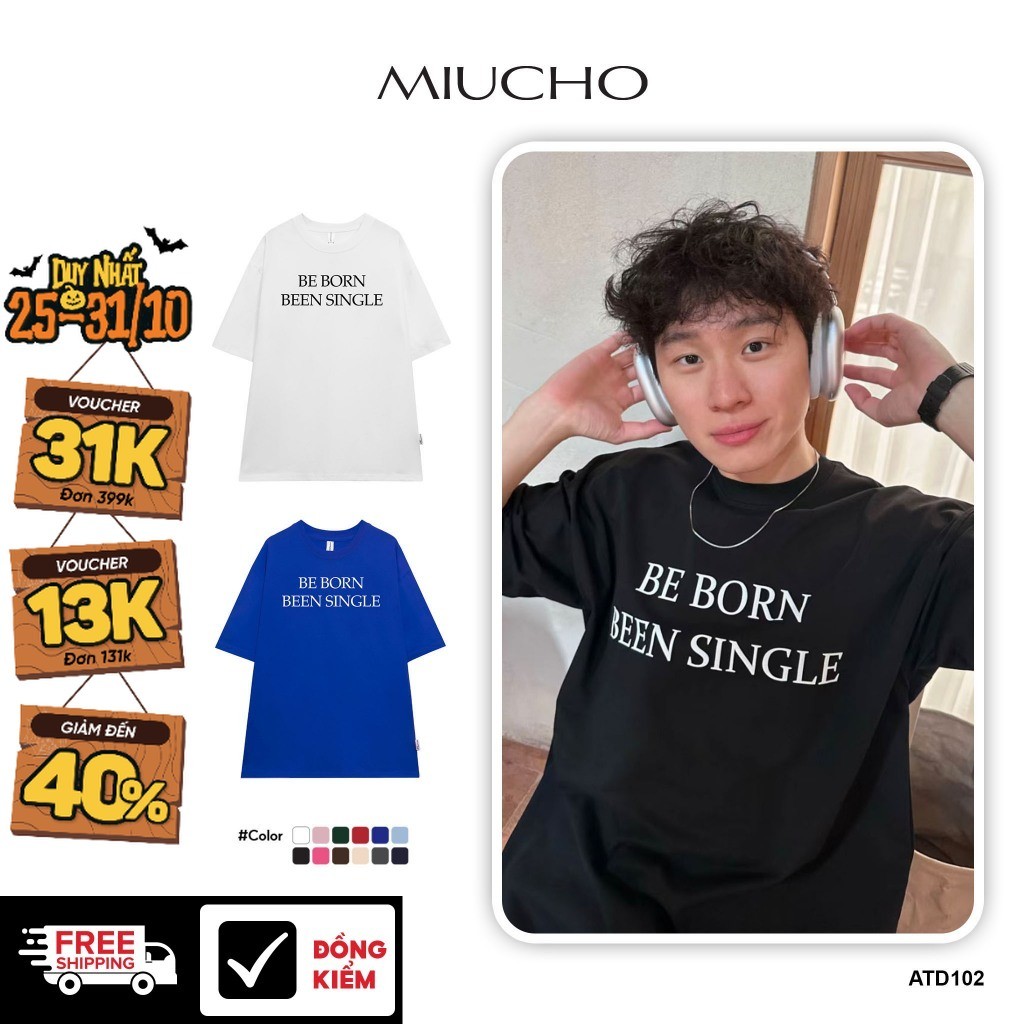 เสื้อยืดผู้ชายทรงหลวมแขนสั้น คอกลม ผ้าคอตตอน ATD102 Miucho พิมพ์ลาย Typography