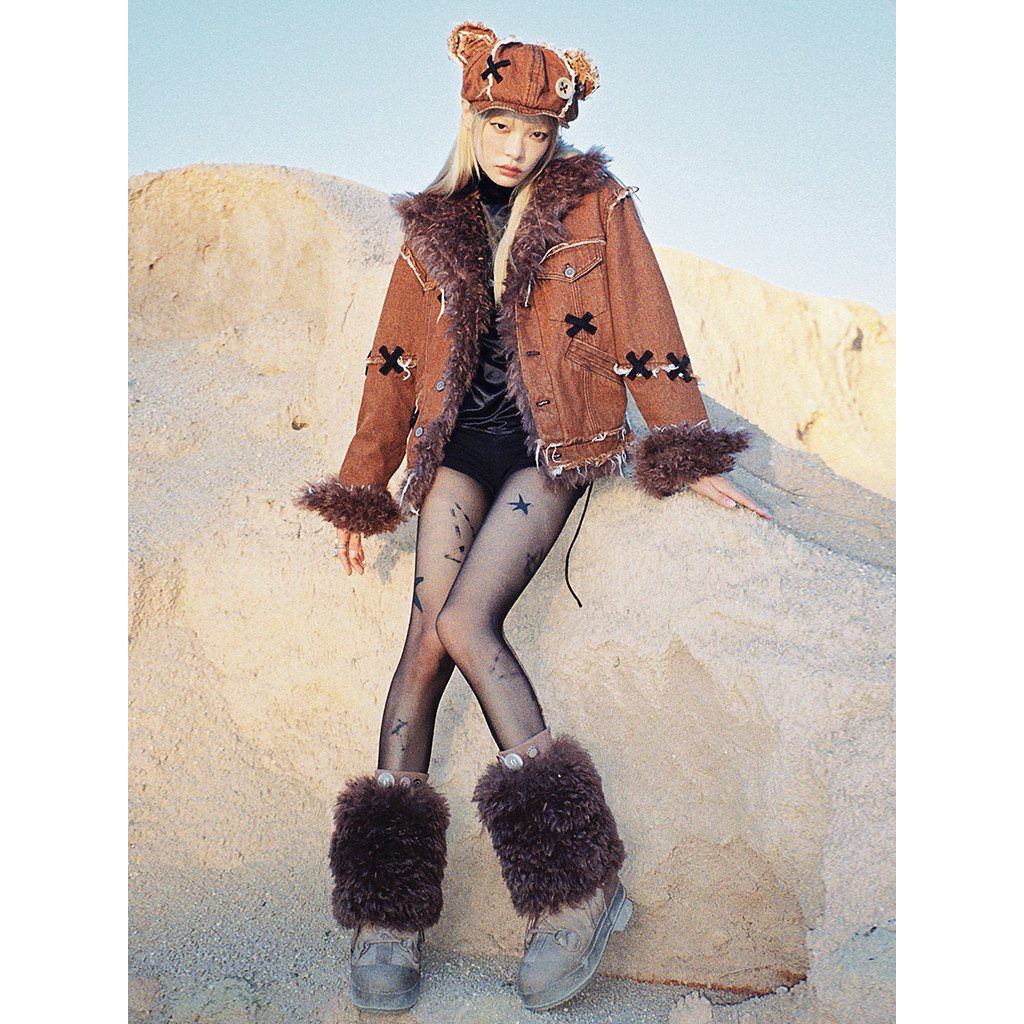 CFIERCE Abandoned Bear Doll Denim Wool Jacket