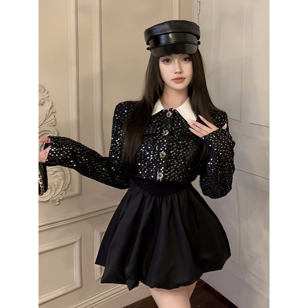 SuSu สีดำ ชุดเดรสแขนยาว น่ารักมากๆดีเทลกระโปรงพองๆสไตล์สาวเวียดนาม เอวสูง ผ้าใส่สบาย 