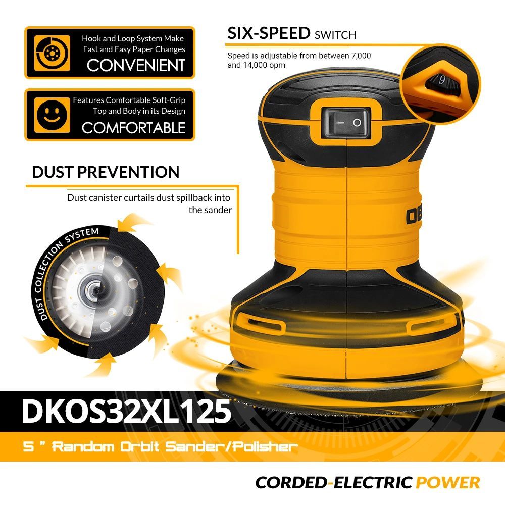DEKO DKOS32XL125 320W ความเร็ว 14000pm Random Orbit Sander Home DIY ช่างไม้ Strong Dust Collection ข