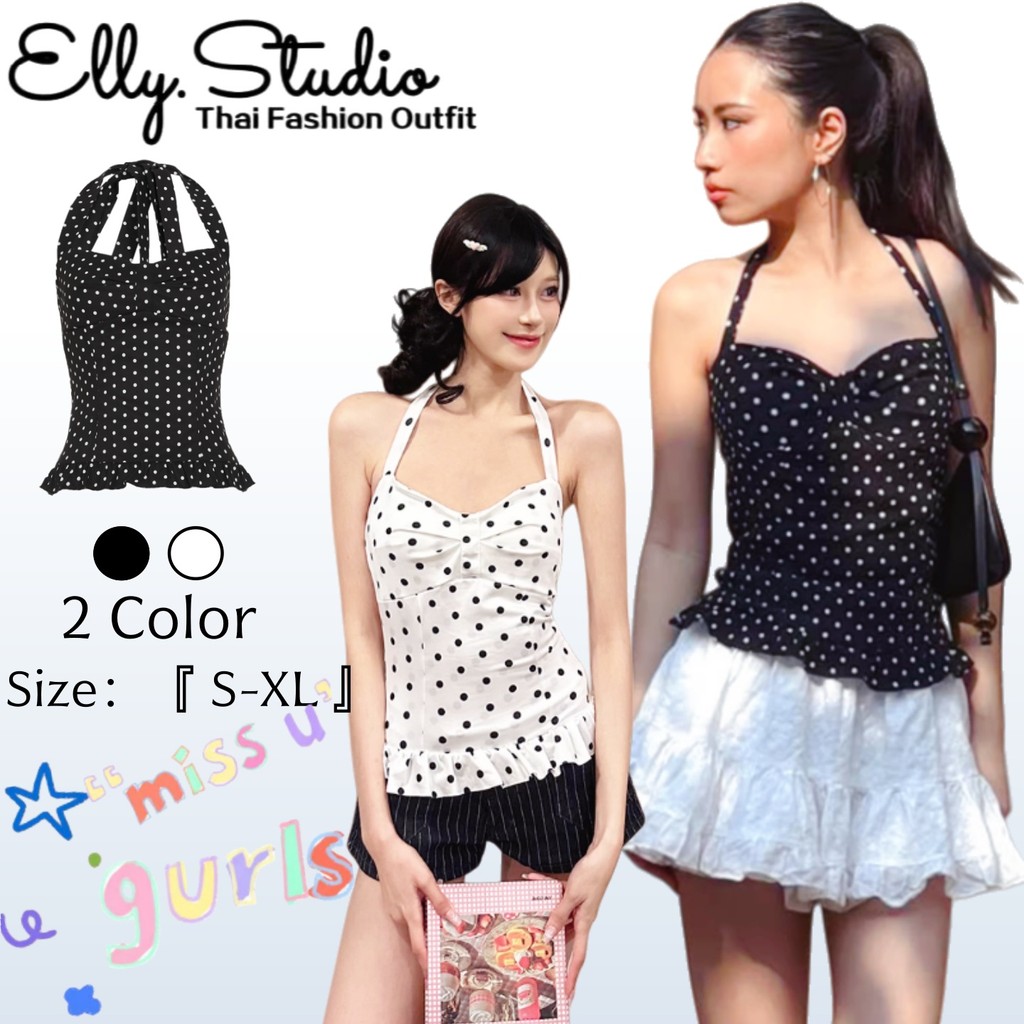 Elly พร้อมส่ง❤️️เสื้อคล้องคอ ลายจุดหลากหลาย❤️️ผูกโบว์หลัง แต่งปลายระบาย น่ารักมาก สำหรับหรับผู้หญิง ทรงสวยสุดๆ แขนกุด คอ