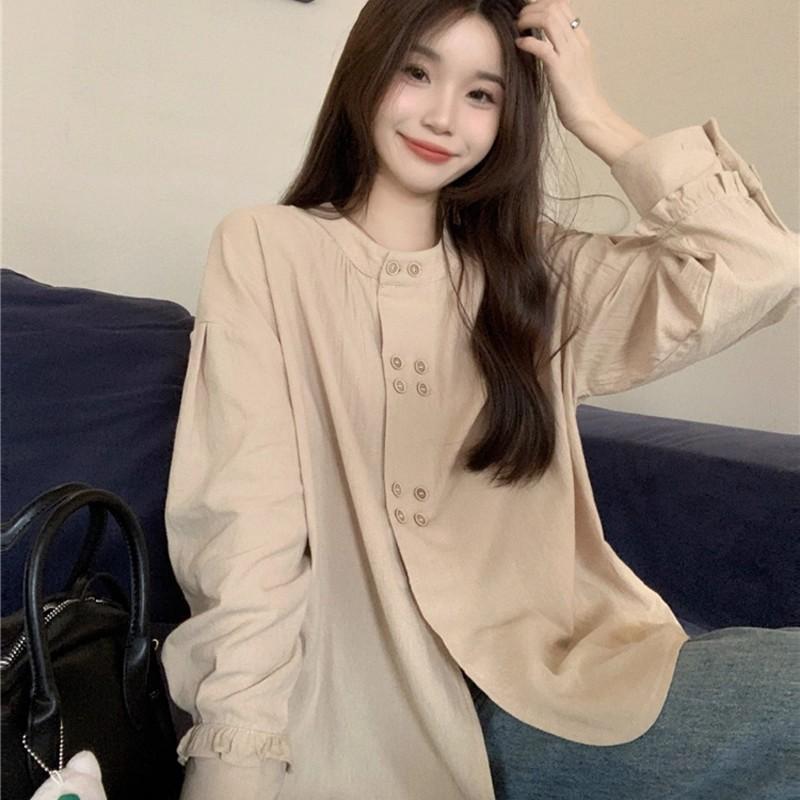 Red Berryเสื้อเชิ้ตแขนยาวทรงหลวมดีไซน์ย้อนยุคสไตล์ฝรั่งเศสสำหรับผู้หญิงในช่วงฤดูร้อน99226