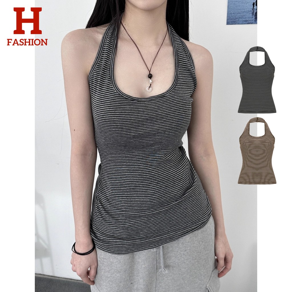 'พร้อมส่ง' FY6147 เสื้อคล้องคอ ลายทางร้าน เสริมฟองน้ำ สไตล์เกาหลี มินิมอล