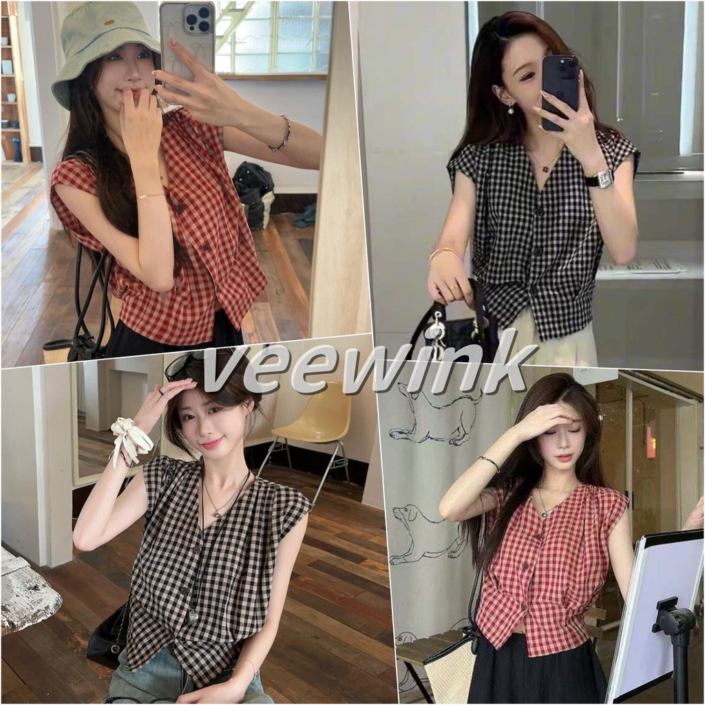 Veewink เสื้อกล้ามสก็อต สีดำ กระดุมหน้า ทรงสบายๆ ใส่เที่ยว