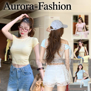 Aurora🛒พร้อมส่ง🚚 (รูปถ่ายจากงานจริง) เสื้อแขนสั้นเปิดไหล่ สไตล์สาวเกาหลี สีพาสเทลน่ารัก