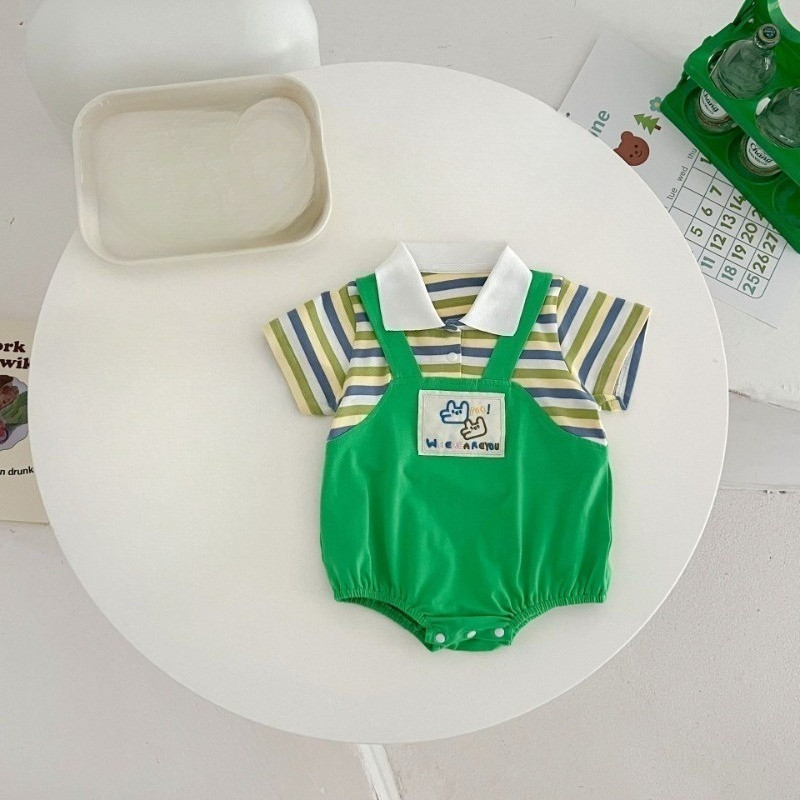 บอดี้สูทเด็กฤดูร้อนแขนสั้นJumpsuitsชายหญิงลายLapel Romperเสื้อผ้า 0-2 ปีเสื้อผ้าเด็กOnesie