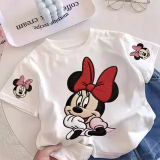 Pebbi Baby เสื้อยืดเด็กฤดูร้อนรุ่นใหม่ ลายปักมินนี่เมาส์ Minnie Mouse ดิสนีย์ ผ้าฝ้ายแท้100% นุ่มสบาย เสื้อแขนสั้นเด็กผู