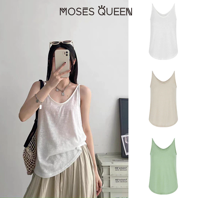 MOSESQUEEN มอสเนสควีน ชุดตัวนอกสําหรับฤดูร้อนรูปแบบใหม่สําหรับผู้หญิงที่มีเสื้อกั๊ก ดีไซน์ด้านหลังสวยงาม ทรงปล่อยๆสีขาวปูๆ เสื้อแขนกุด #63916