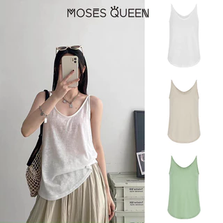 MOSESQUEEN มอสเนสควีน ชุดตัวนอกสําหรับฤดูร้อนรูปแบบใหม่สําหรับผู้หญิงที่มีเสื้อกั๊ก ดีไซน์ด้านหลังสวยงาม ทรงปล่อยๆสีขาวปูๆ เสื้อแขนกุด #63916