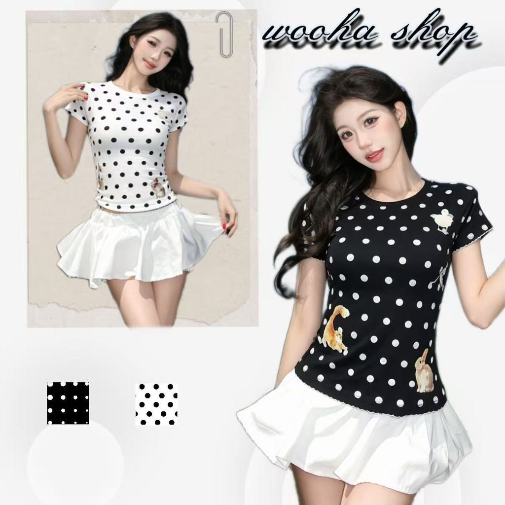 🥰wooha shop🥝เสื้อยืดแขนสั้นสีเทาลายจุด ดีไซน์ลายพิมพ์สัตว์ ตกแต่งด้วยระบาย ทรงเข้ารูป สไตล์เกาหลี