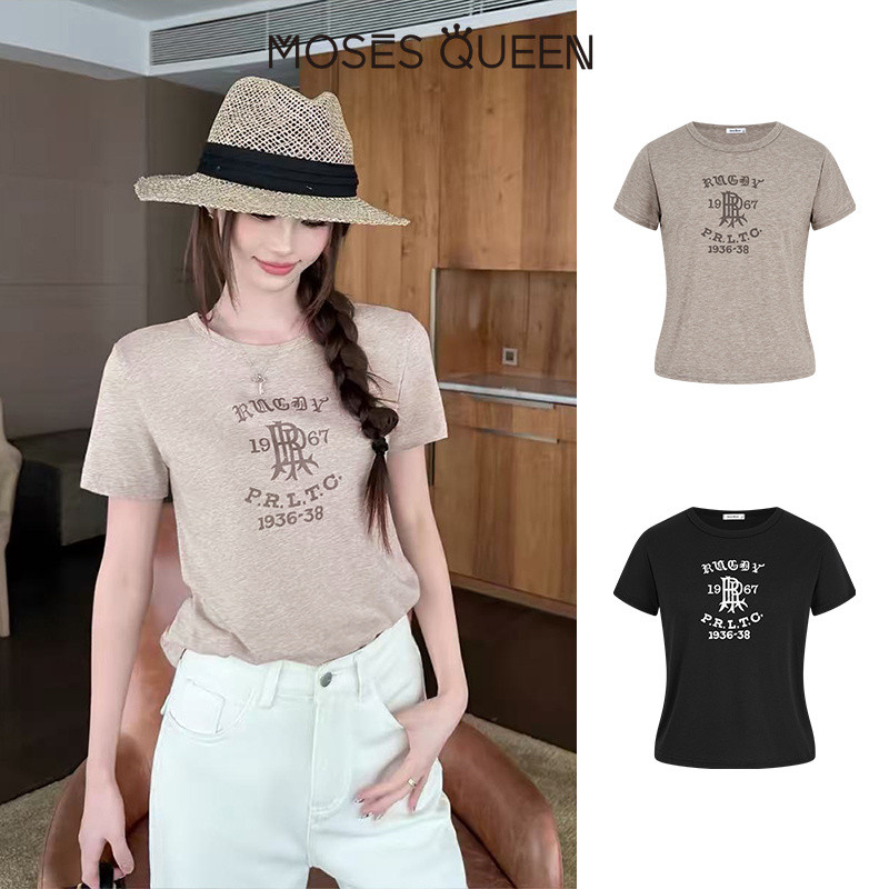 MOSESQUEEN เสื้อยืดแขนสั้นเปิดไหล่ - ผู้หญิงฤดูร้อนดีไซน์ใหม่ - เสื้อเชิ้ตเดรสสั้นกระชับสัดส่วนสไตล์อเมริกัน #63951